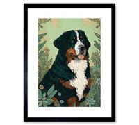 Artery8 Wall Art Print Bernese Mountain Dog In Wildflower Field Modern Artwork Framed 9X7 Inch