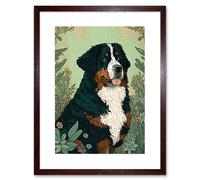Artery8 Wall Art Print Bernese Mountain Dog in Wildflower Field Modern Artwork Framed 9X7 Inch in Brown | Size: W7" x H9" Artery8 Brown W7" x H9"