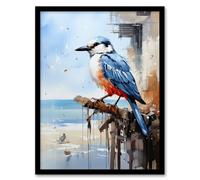 Artery8 Wall Art Print Bird by the Beach Kingfisher Portrait Oil Painting Framed in Blue | Size: A4 Artery8 Blue A4