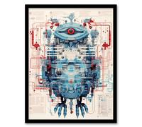Artery8 Wall Art Print Bird Robot Hybrid Schematic Blue Futuristic Secret Spy Cam Complex Arcane Manuscript Gift For Him Man Cave Art Framed Artery8 Black W12" x H16"