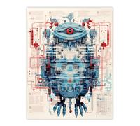 Artery8 Wall Art Print Bird Robot Hybrid Schematic Blue Futuristic Secret Spy Cam Complex Arcane Manuscript Gift For Him Man Cave Poster Artery8 Multicolor W24" x H32"