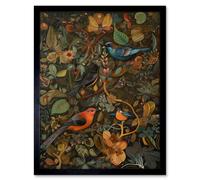 Artery8 Wall Art Print Birds & Butterflies on Autumnal Tree Folk Art Framed in Black | Size: W12" x H16" Artery8 Black W12" x H16"