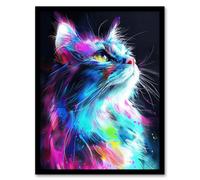 Artery8 Wall Art Print Birman Cat Lover Neon Glowing Blue Pink Portrait Art Framed Poster in Black | Size: W12" x H16" Artery8 Black W12" x H16"