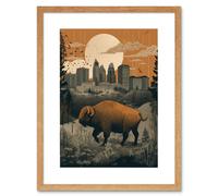 Artery8 Wall Art Print Bison in Forest by Urban Cityscape Modern Landscape Artwork Framed 9X7 Inch in Beige | Size: W7" x H9" Artery8 Beige W7" x H9"