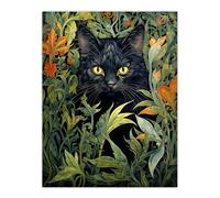 Artery8 Black Cat Hiding In Flower Field Modern William Morris Style Painting Orange Green Spring Bloom Animal Portrait Extra Large XL Wall Art Poster Print