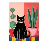 Artery8 Wall Art Print Black Cat & Succulents Henri Matisse Style Oil Painting Simple Pet Portrait with Potted Plants Poster | Size: W12" x H16" Artery8 Pink W12" x H16"
