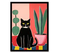 Wall Art Print Black Cat and Succulents Henri Matisse Style Oil Painting Simple Pet Portrait with Potted Plants Artwork Framed Artery8 Pink A4