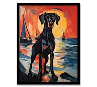 Wall Art Print Black Doberman Dog Artwork Coastal Sunset Seascape Framed Artery8 Multi A4