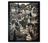 Artery8 Wall Art Print Black Forest City Baden Monochrome Cityscape Art Framed | Size: W12" x H16" Artery8 Black W12" x H16"