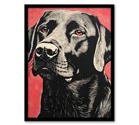 Wall Art Print Black Lab Labrador Dog Portrait On Coral Backdrop Lino Risograph Riso Art Framed Artery8 Black A4