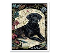 Artery8 Wall Art Print Black Labrador Dog with Floral Patterns Vintage Inspired Linocut Art Framed in White | Size: W12" x H16" Artery8 White W12" x H16"