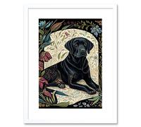 Artery8 Wall Art Print Black Labrador Dog with Floral Patterns Vintage Inspired Linocut Artwork Framed 9X7 Inch in White | Size: W7" x H9" Artery8 White W7" x H9"