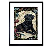 Artery8 Wall Art Print Black Labrador Dog With Floral Patterns Vintage Inspired Linocut Artwork Framed 9X7 Inch