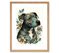 Artery8 Wall Art Print Black Staffordshire Bull Terrier & Flowers Detailed Coloured Pencil Portrait Artwork Framed 9X7 Inch in Beige | Size: W7" x H9" Artery8 Beige W7" x H9"