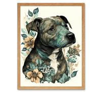 Artery8 Wall Art Print Black Staffordshire Bull Terrier & Flowers Detailed Coloured Pencil Portrait Art Framed in Light Oak | Size: W12" x H16" Artery8 Light Oak W12" x H16"