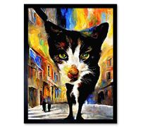 Artery8 Wall Art Print Black Street Cat Walking Bright Neighbourhood Night Art Framed | Size: W12" x H16" Artery8 Black W12" x H16"