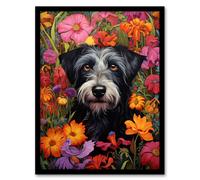 Artery8 Black Terrier Dog In Bold Vibrant Spring Meadow Flowers William Morris Style Pattern Artwork Norfolk Artwork Framed Wall Art Print A4