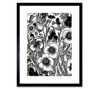 Artery8 Wall Art Print Black & White Viola Flower Pattern Artwork Framed 9X7 Inch | Size: W7" x H9" Artery8 Black W7" x H9"