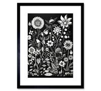 Artery8 Wall Art Print Black And White Wild Flower Contour Pattern Artwork Framed 9X7 Inch