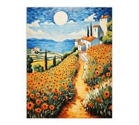 Artery8 Wall Art Print Blooming French Countryside Fields by the Sea Poster Picture | Size: W12" x H16" Artery8 Multicolor W12" x H16"
