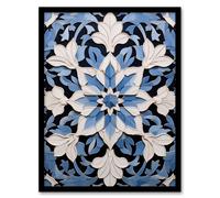 Artery8 Wall Art Print Blue Arabesque Flower Design Ornate Symmetrical Floral Pattern Artwork Framed | Size: A4 Artery8 Blue A4