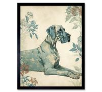 Artery8 Wall Art Print Blue Great Dane Dog with Flower Pattern Fur Coat Modern Art Framed in Black | Size: W12" x H16" Artery8 Black W12" x H16"