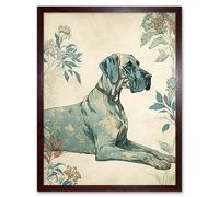Artery8 Blue Great Dane Dog with Flower Pattern Fur Coat Modern Illustration Art Print Framed Poster Wall Decor 12x16 inch