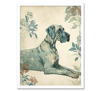 Artery8 Wall Art Print Blue Great Dane Dog with Flower Pattern Fur Coat Modern Art Framed in White | Size: W12" x H16" Artery8 White W12" x H16"