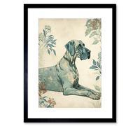 Artery8 Wall Art Print Blue Great Dane Dog with Flower Pattern Fur Coat Modern Artwork Framed 9X7 Inch in Black | Size: W7" x H9" Artery8 Black W7" x H9"