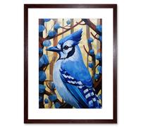 Artery8 Wall Art Print Blue Jay Geometric Artwork Wild Bird Perched on Tree Polygonal Forest Landscape Artwork Framed 9X7 Inch | Size: W7" x H9" Artery8 Brown W7" x H9"