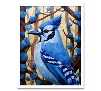 Artery8 Wall Art Print Blue Jay Geometric Artwork Wild Bird Perched on Tree Polygonal Forest Landscape Art Framed in White | Size: W12" x H16" Artery8 White W12" x H16"