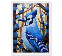Artery8 Wall Art Print Blue Jay Geometric Artwork Wild Bird Perched on Tree Polygonal Forest Landscape Artwork Framed A4 in White Artery8 White A4