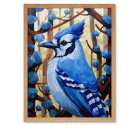 Artery8 Wall Art Print Blue Jay Geometric Artwork Wild Bird Perched on Tree Polygonal Forest Landscape Art Framed in Light Oak | Size: W12" x H16" Artery8 Light Oak W12" x H16"