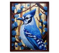 Artery8 Wall Art Print Blue Jay Geometric Artwork Wild Bird Perched on Tree Polygonal Forest Landscape Art Framed in Brown | Size: W12" x H16" Artery8 Brown W12" x H16"