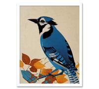 Artery8 Wall Art Print Blue Jay Textured Autumn Bird Art Framed in White | Size: W12" x H16" Artery8 White W12" x H16"