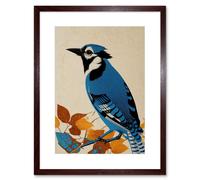 Artery8 Wall Art Print Blue Jay Textured Autumn Bird Artwork Framed 9X7 Inch in Brown | Size: W7" x H9" Artery8 Brown W7" x H9"