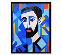 Artery8 Wall Art Print Blue Man Vibrant Abstract Oil Painting Young Male with Beard Cubist Portrait Artwork Framed | Size: A4 Artery8 Blue A4
