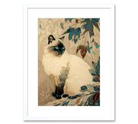 Artery8 Wall Art Print Blue Point Ragdoll Cat & Plant Pattern Art Nouveau Modern Artwork Framed 9X7 Inch in White | Size: W7" x H9" Artery8 White W7" x H9"