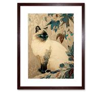 Artery8 Wall Art Print Blue Point Ragdoll Cat & Plant Pattern Art Nouveau Modern Artwork Framed 9X7 Inch in Brown | Size: W7" x H9" Artery8 Brown W7" x H9"