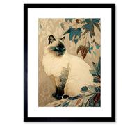 Artery8 Wall Art Print Blue Point Ragdoll Cat & Plant Pattern Art Nouveau Modern Artwork Framed 9X7 Inch in Black | Size: W7" x H9" Artery8 Black W7" x H9"
