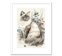 Artery8 Wall Art Print Blue Point Ragdoll Cat with Flowers Watercolour Artwork Framed 9X7 Inch in White | Size: W7" x H9" Artery8 White W7" x H9"