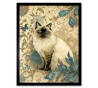 Wall Art Print Blue Point Ragdoll Cat with Teal Plants Art Nouveau Watercolour Art Framed Artery8 Black W12 inch x H16 inch