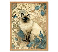 Wall Art Print Blue Point Ragdoll Cat with Teal Plants Art Nouveau Watercolour Art Framed Artery8 Light Oak W12 inch x H16 inch
