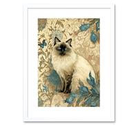Artery8 Wall Art Print Blue Point Ragdoll Cat with Teal Plants Art Nouveau Watercolour Artwork Framed 9X7 Inch in White | Size: W7" x H9" Artery8 White W7" x H9"