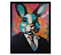 Artery8 Framed Wall Art Blue Rabbit With Cigar And Suit Modern Pop - 12X16 Inch