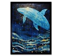 Artery8 Wall Art Print Blue Whale Breach in Winter Waters Moonlit Seascape Waves Art Framed in Black | Size: W12" x H16" Artery8 Black W12" x H16"