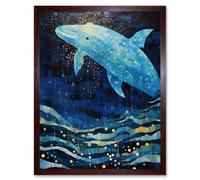 Artery8 Wall Art Print Blue Whale Breach in Winter Waters Moonlit Seascape Waves Art Framed in Brown | Size: W12" x H16" Artery8 Brown W12" x H16"