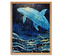 Artery8 Wall Art Print Blue Whale Breach in Winter Waters Moonlit Seascape Waves Art Framed in Light Oak | Size: W12" x H16" Artery8 Light Oak W12" x H16"