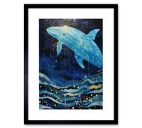 Artery8 Wall Art Print Blue Whale Breach in Winter Waters Moonlit Seascape Waves Artwork Framed 9X7 Inch in Black | Size: W7" x H9" Artery8 Black W7" x H9"