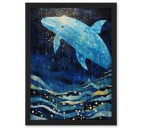 Wall Art Print Blue Whale Breach in Winter Waters Moonlit Seascape Waves Artwork Framed A4 Artery8 Black A4